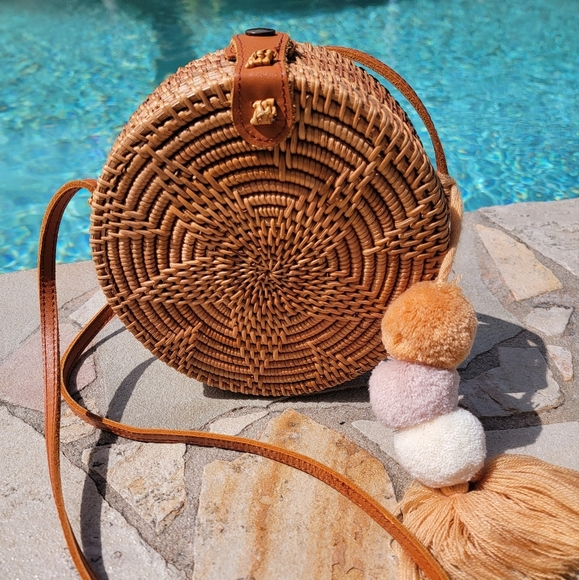 Handbags - BOHO Round Woven Rattan Crossbody Bag with Pom-Pom Details